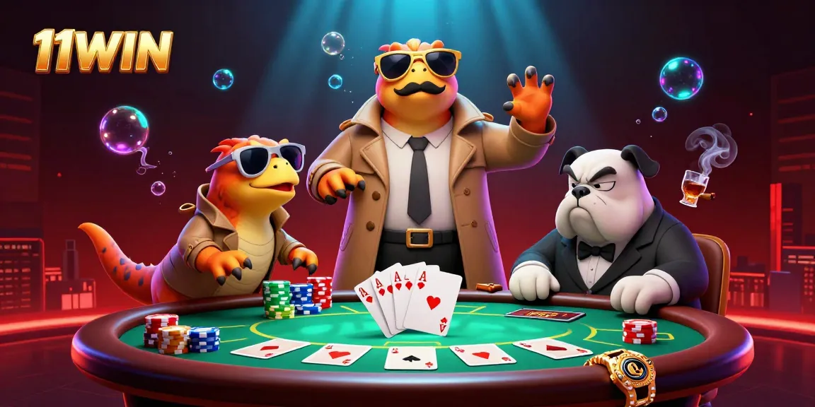 Experience the thrill of 11WIN with cartoon raptors in a VIP casino scene, showcasing vibrant poker elements.