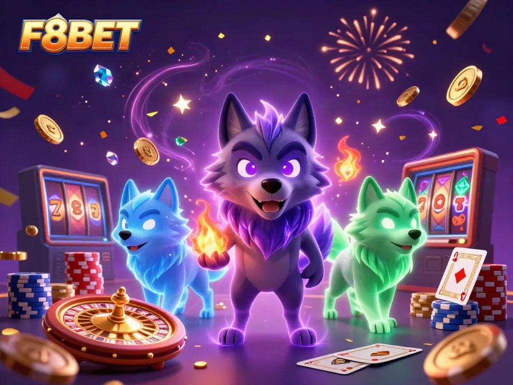Experience the magic of F8BET with wolves and casino elements in a vibrant 3D scene.