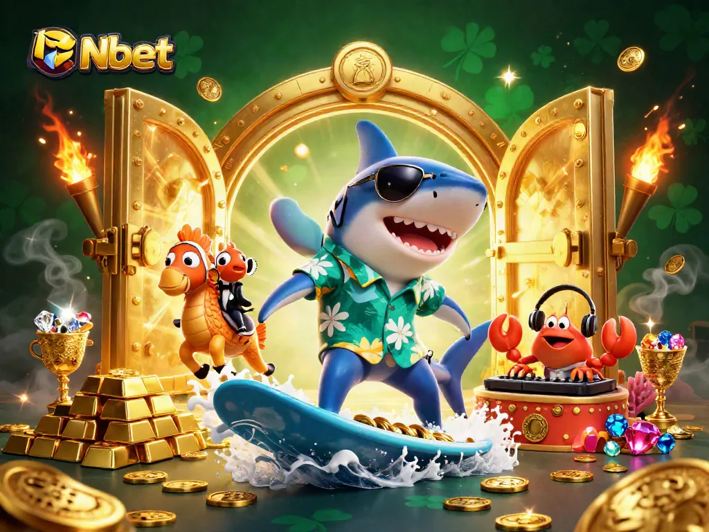 Nbet casino scene with a shark surfing on gold coins, showcasing vibrant gambling elements