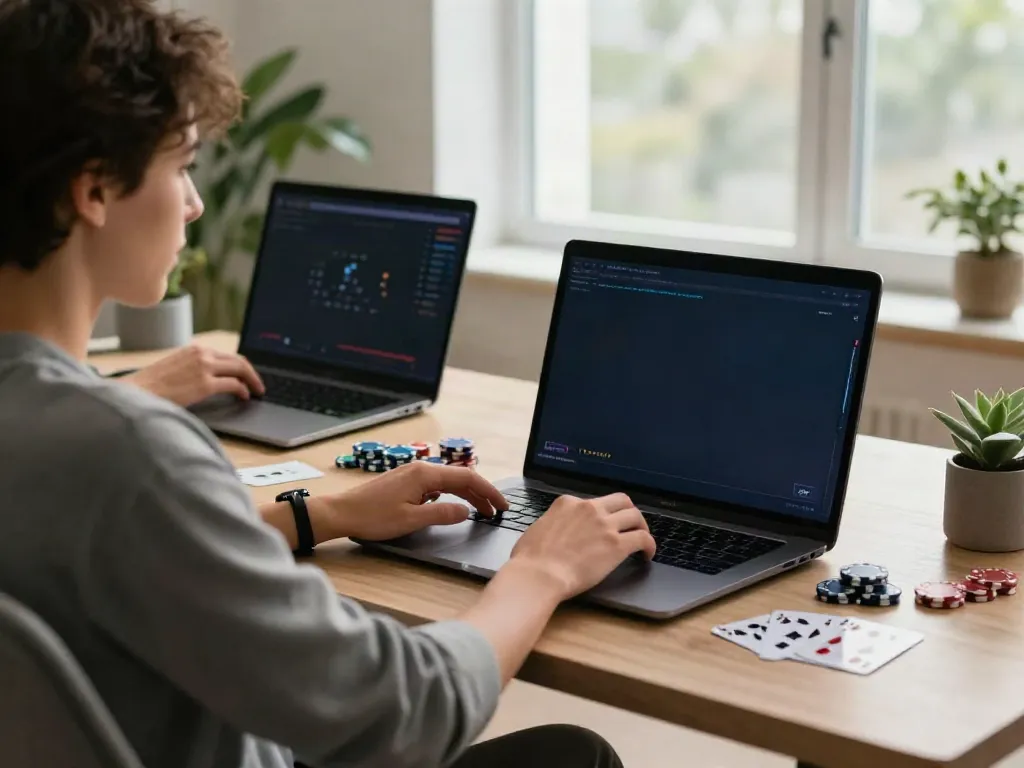 Player exploring non UK casinos on a laptop in a modern home office.