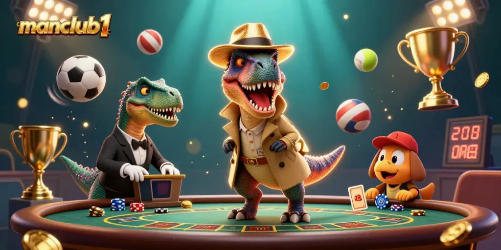 Engage in thrilling casino games at manclub1 featuring a velociraptor card counter and a stegosaurus pit boss.