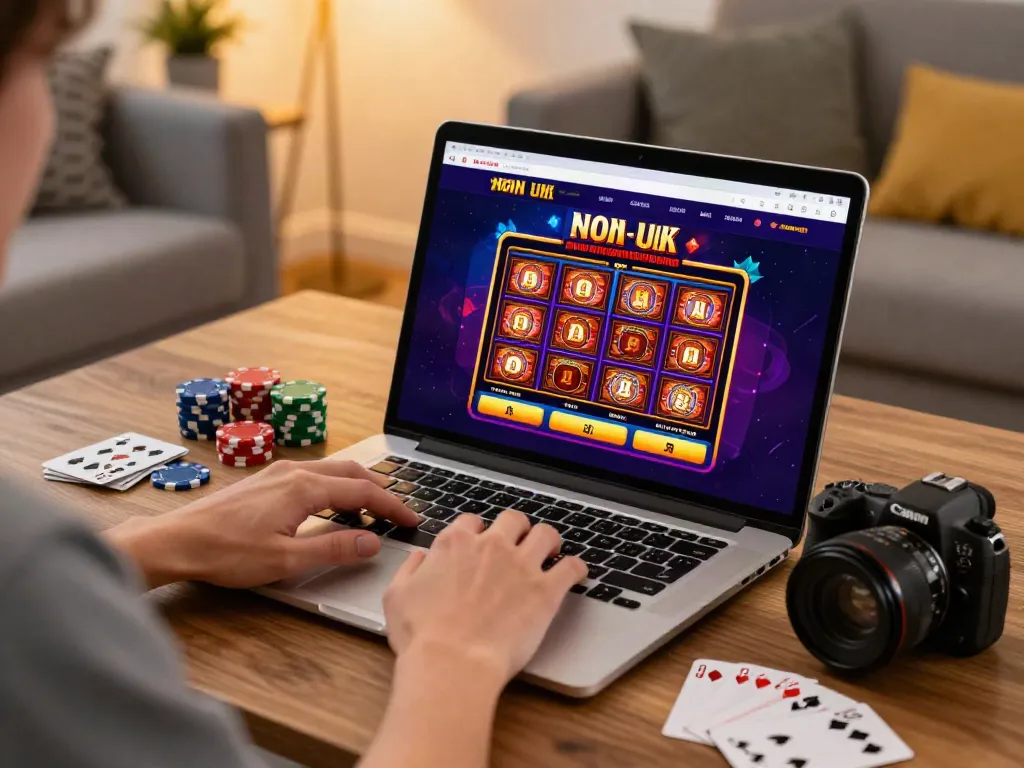 Experience the thrill of non UK casinos with a player enjoying colorful online slots.