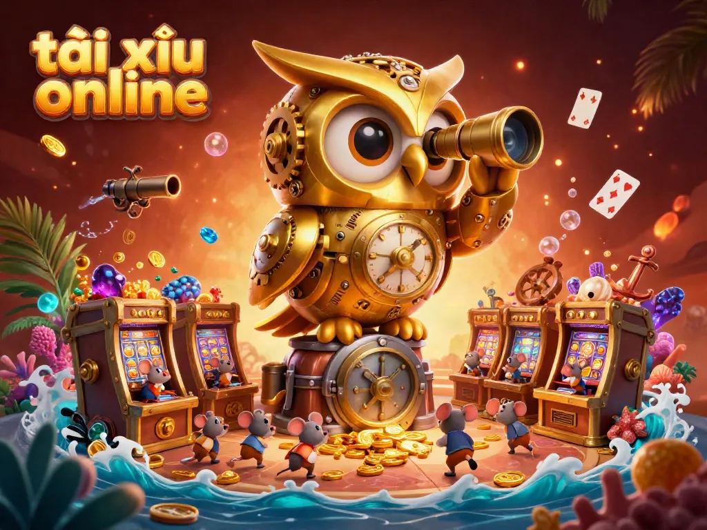 Engaging tài xỉu online illustration depicting a golden owl scanning a vibrant casino scene with animated elements.