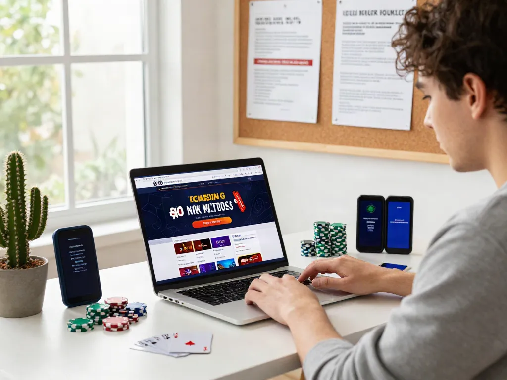 Engaged gamer exploring non UK casinos on a laptop at home office.