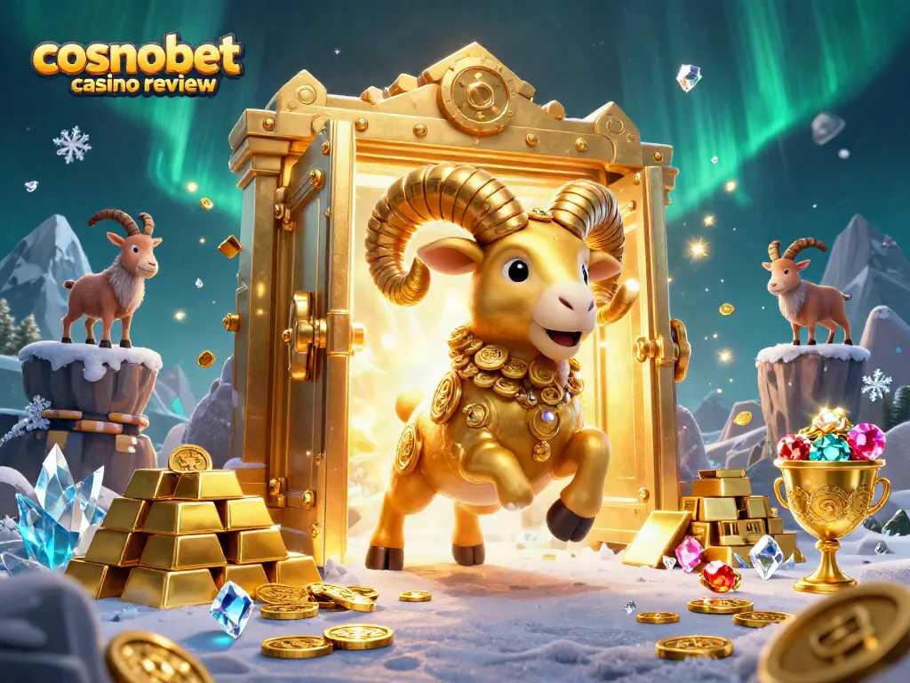 Experience the excitement of cosmobet casino review with a golden ram charging through treasure and gems.