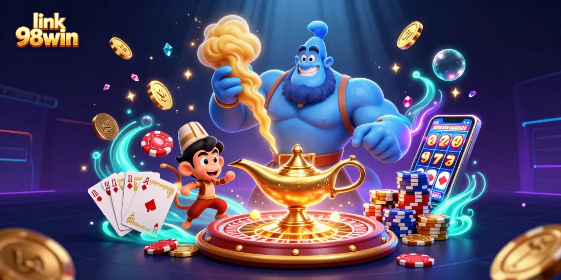 Engage with the link 98win experience featuring a genie, monkey, and casino elements in a vibrant 3D scene.