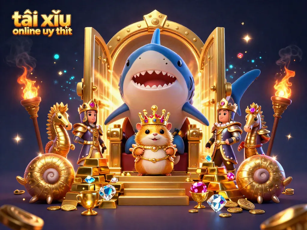 Tài xỉu online uy tín illustrated scene featuring a golden hamster king and treasure, symbolizing online gaming.