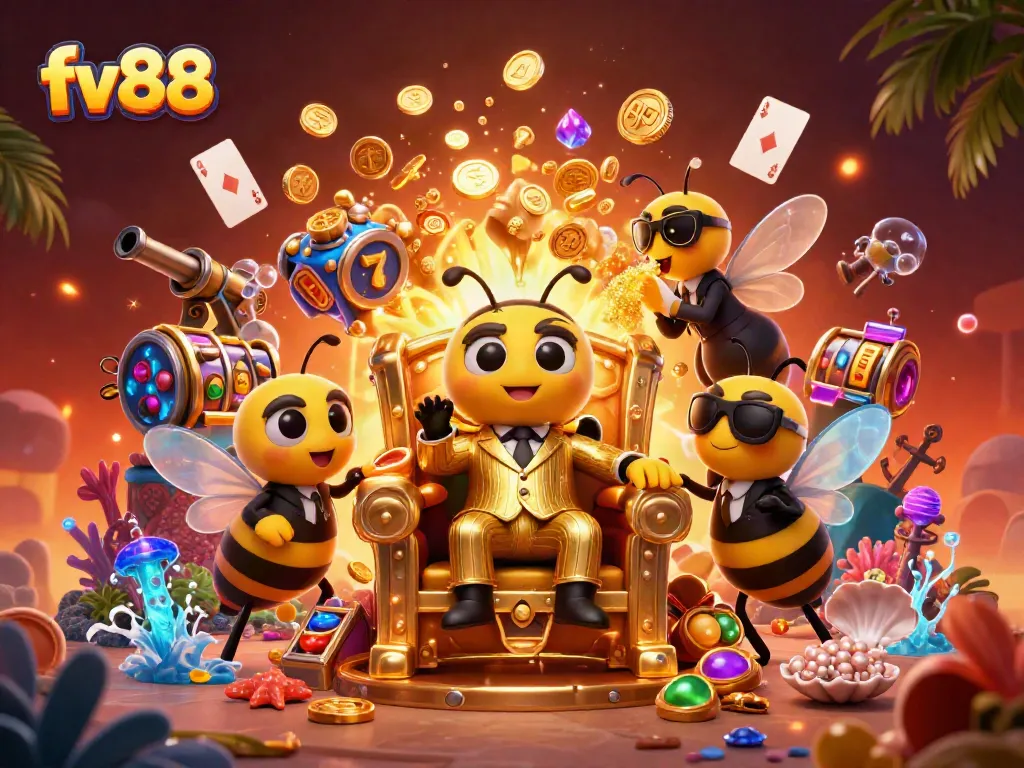 Experience thrilling gameplay at FV88 with a vibrant casino scene filled with riches and excitement.