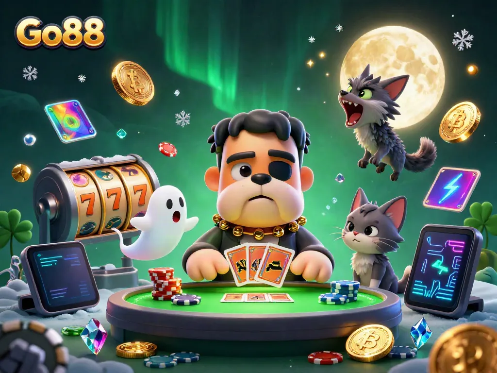 Join the Go88 action as the Frankenstein bulldog deals cards at a spooky table amidst vibrant casino elements.