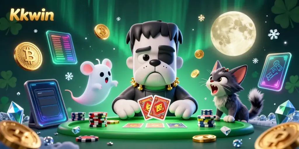 Kkwin casino scene featuring a 3D cartoon bulldog dealing cards, ghost mouse with chips, and a werewolf kitten at a vibrant gaming table
