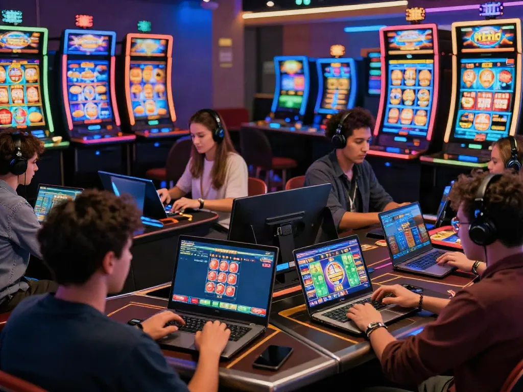 Exciting scene of players engaging with non UK casinos on various devices.