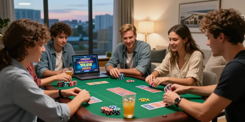 Friends playing games while exploring non UK casinos at home.