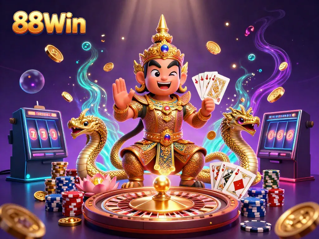 Experience winning moments at 88Win with vibrant casino elements and cultural guardians.