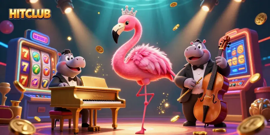 Experience the excitement at HITCLUB with vibrant 3D casino illustrations featuring slot games and lively characters.