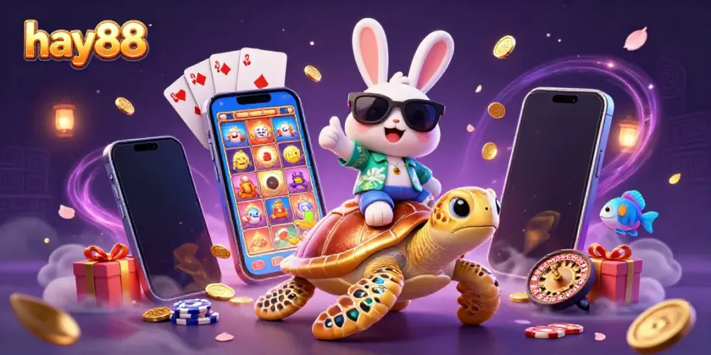 Play exciting games at hay88, featuring a lucky rabbit and gold turtle in a vibrant casino scene.