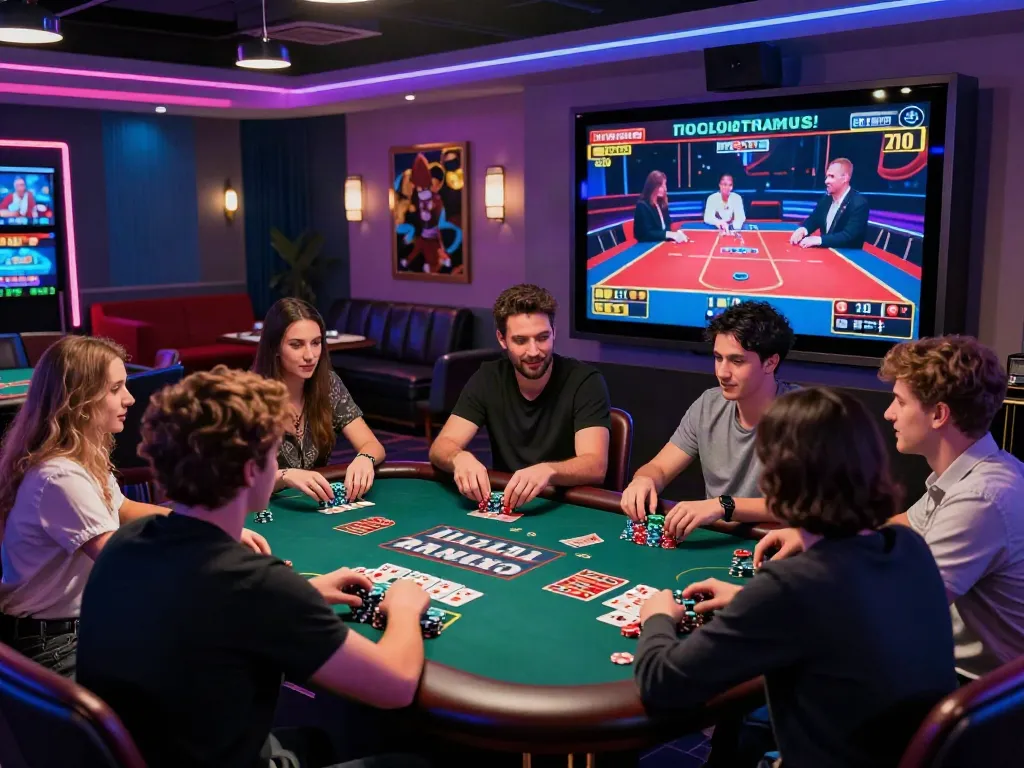Exciting gaming atmosphere at non UK casinos with diverse players engaged and vibrant decor.