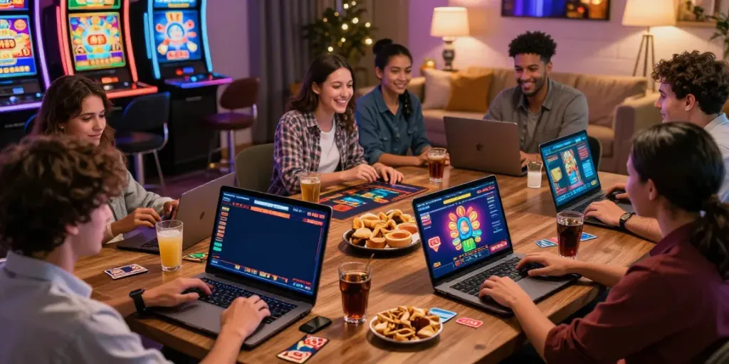 Players enjoying non UK casinos on laptops and smartphones in a lively setting.