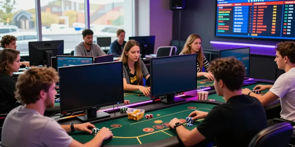 Players enjoying games at non UK casinos, vibrant gaming environment with screens and excitement.