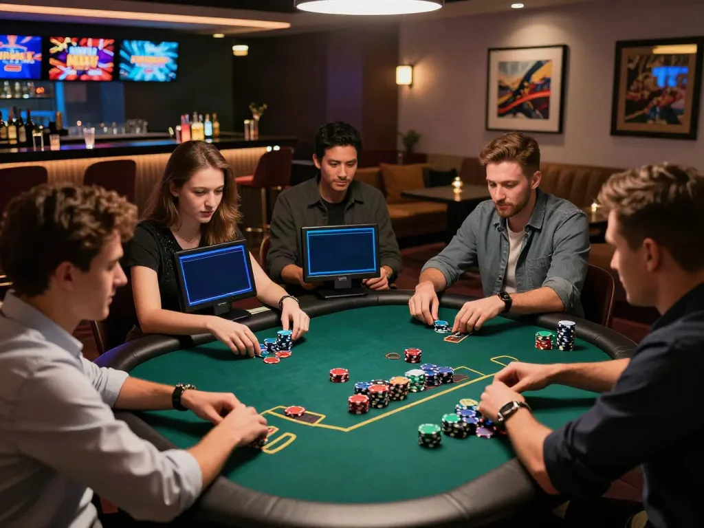 Social gathering at a stylish online casino lounge showcasing various non UK casinos.