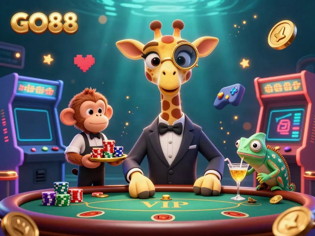Experience GO88's vibrant casino scene with a high-roller giraffe, valet monkey, and chameleon bartender.
