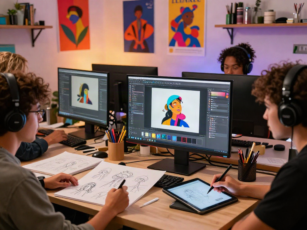 Digital artists collaborating on NSFW AI projects in an innovative studio space.