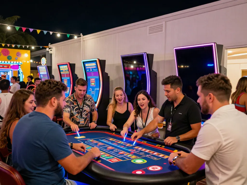 Players enjoying non UK casinos at a festive outdoor gaming event.