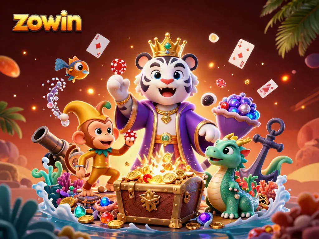 Experience the thrilling fun at zowin with a majestic animated casino scene filled with colorful characters and game elements.