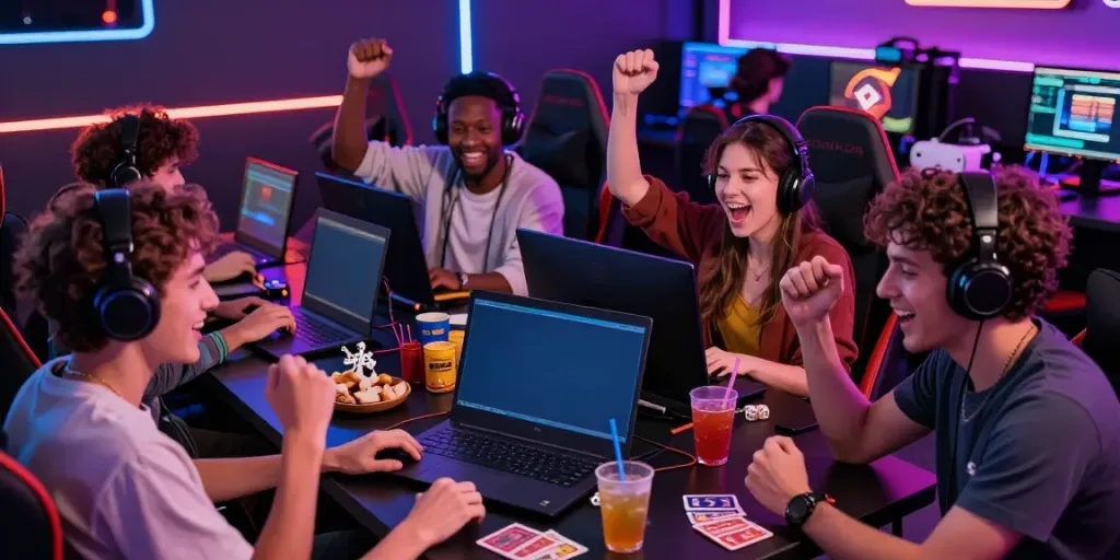 Friends enjoying non UK casinos together in a vibrant gaming lounge