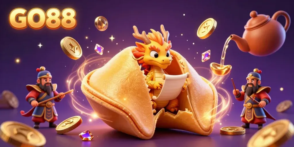 Experience thrilling wins with GO88's golden fortune cookie and dragon in a vibrant casino scene.