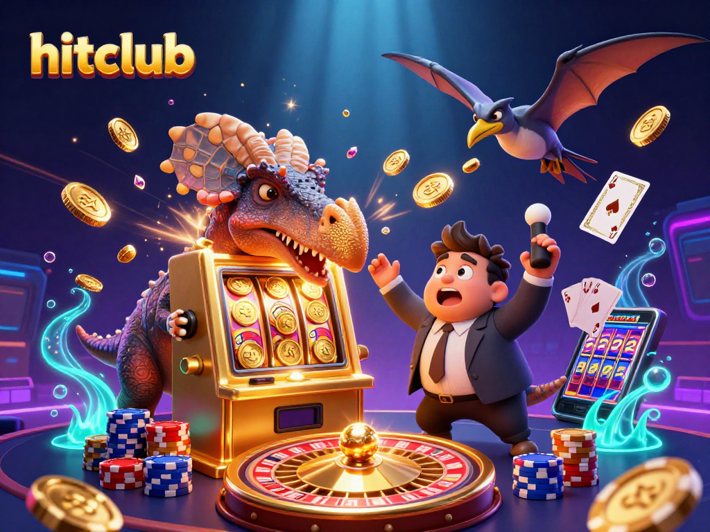 Hitclub showcases a pachycephalosaurus and friends celebrating jackpots amidst flying coins and dazzling lights.