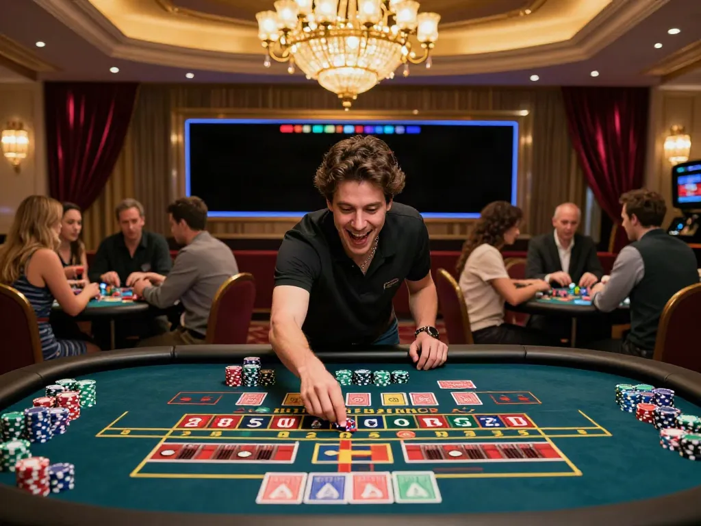 Exciting gaming scene at non UK casinos with players enjoying roulette and vibrant atmosphere.