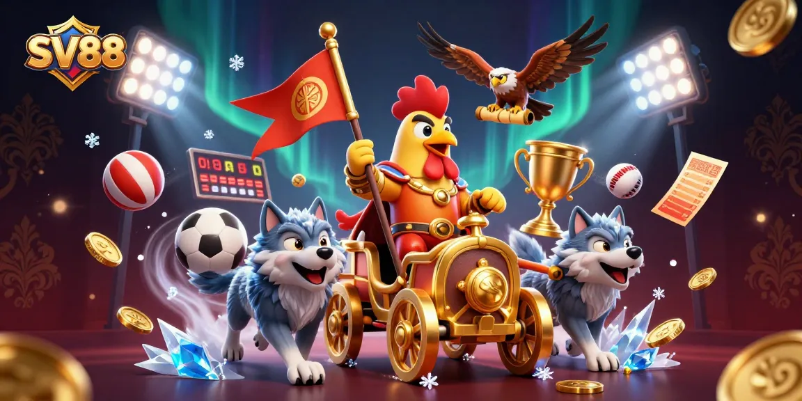 Engage with SV88 in an exciting casino scene featuring dynamic sports elements and a heroic rooster warlord.