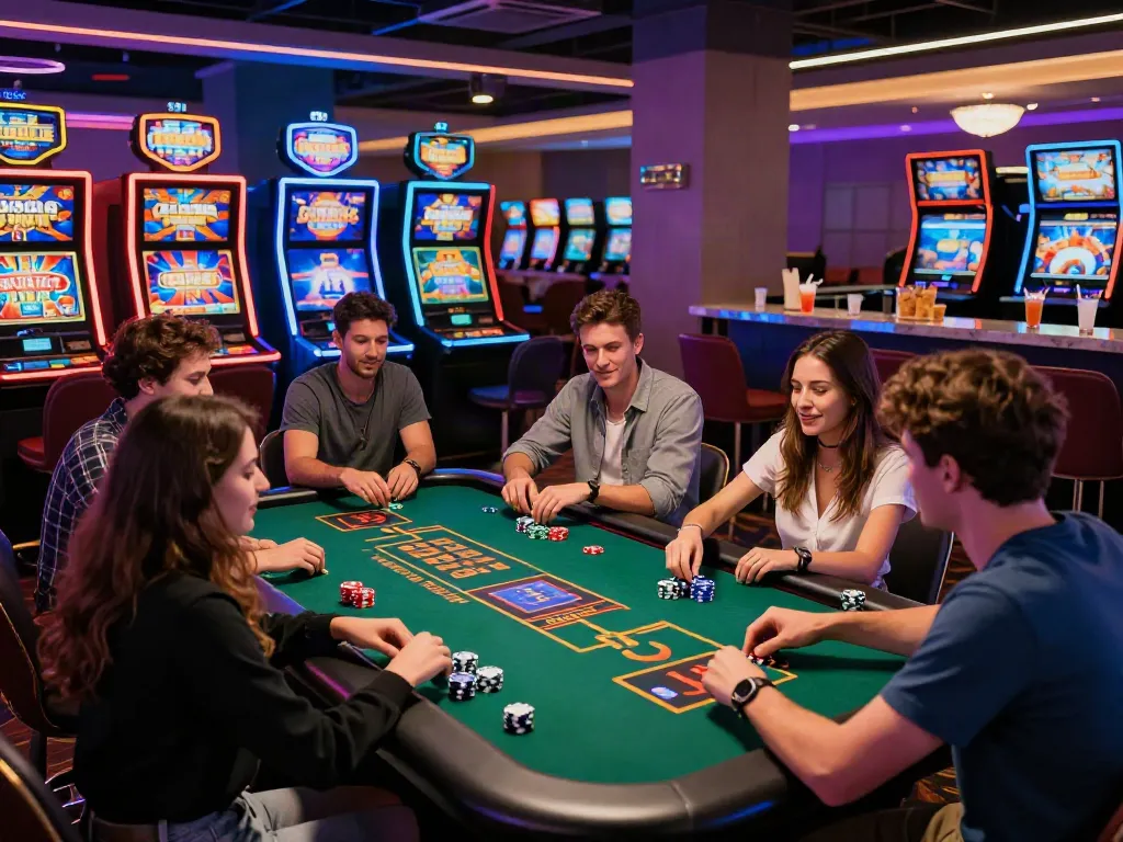Diverse group enjoying gaming experience at non UK casinos with exciting ambiance and promotions.