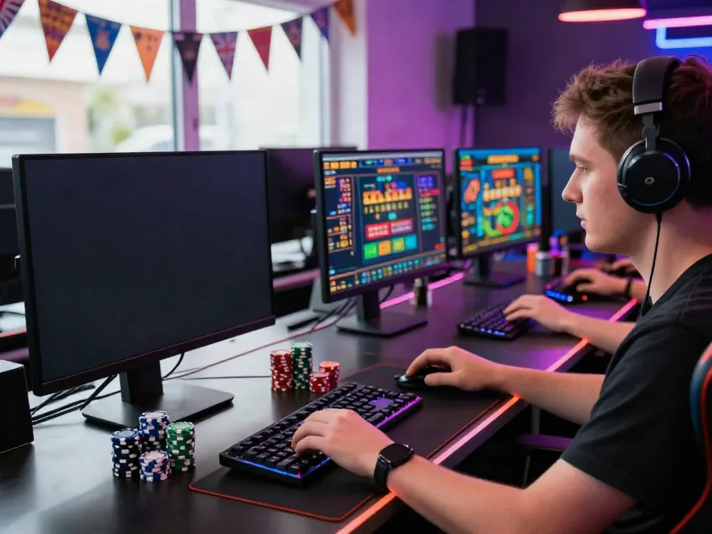Engaging online gaming setup showcasing non UK casinos with vibrant atmosphere and focused player.