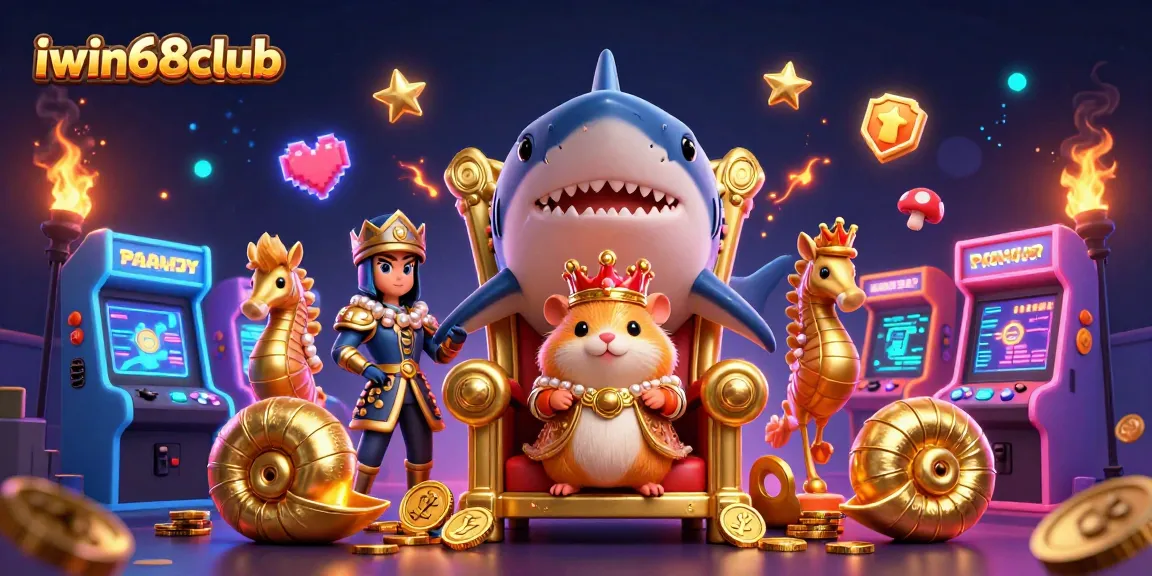 Immerse in the vibrant gaming world of iwin68club, featuring a golden hamster king with seahorse guards amidst dynamic casino visuals.