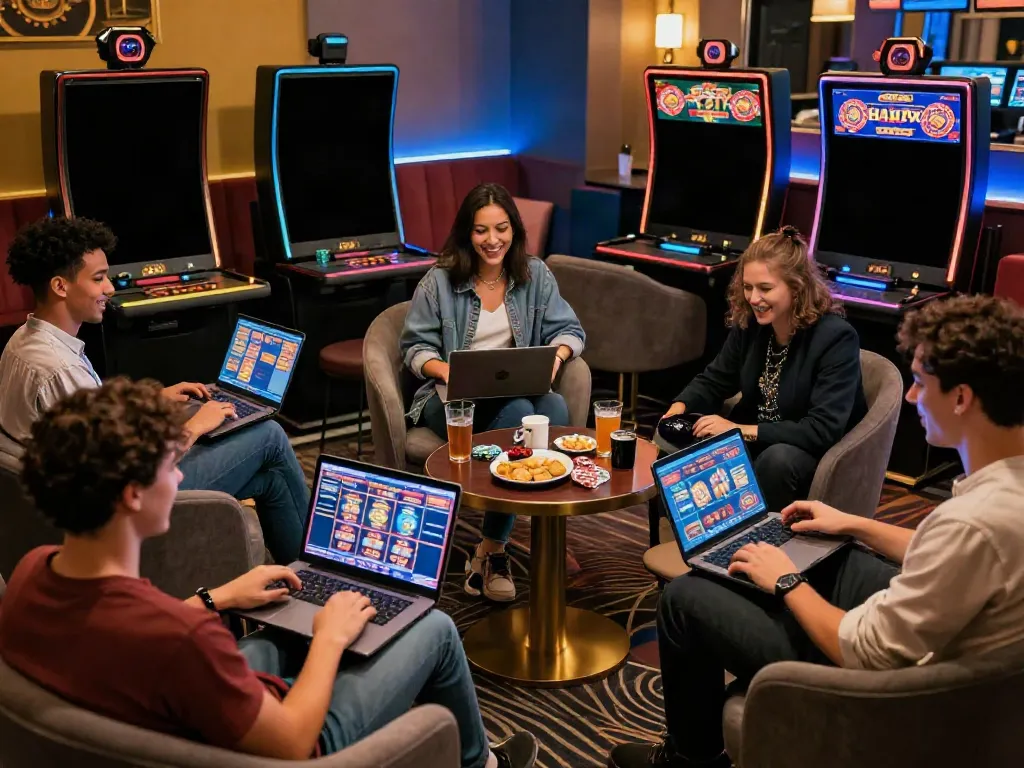 Players enjoying games at non UK casinos, vibrant lounge setting, modern gaming atmosphere