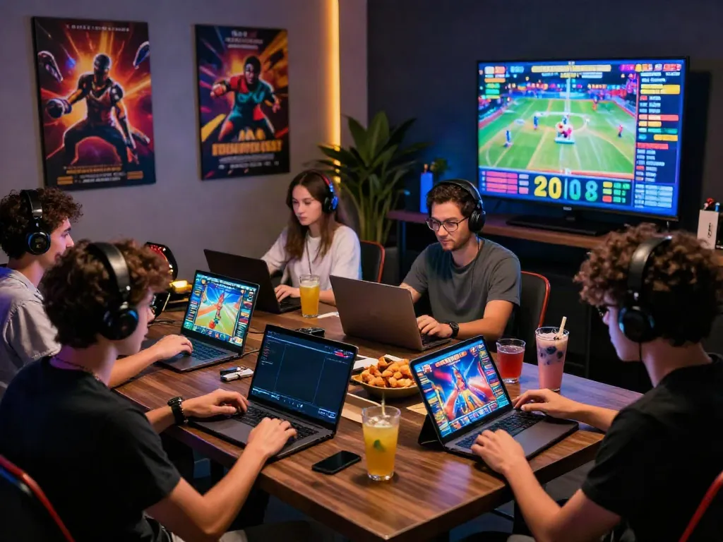 Diverse group of players engaging in vibrant games at non UK casinos in a stylish game room.