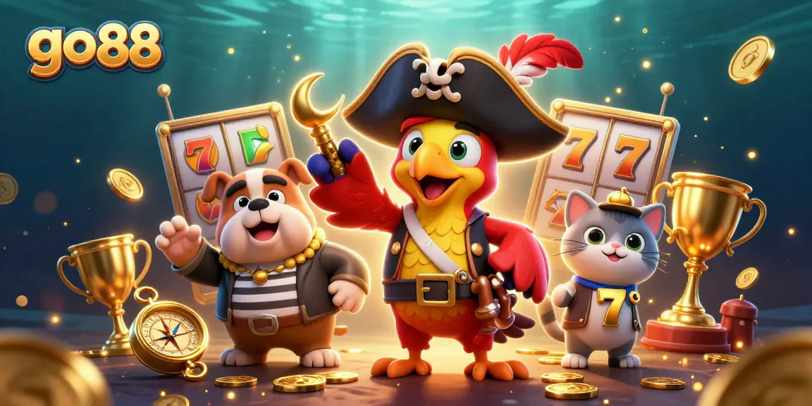 Experience thrilling action at go 88 with a dynamic slot illustration featuring pirate characters and jackpot elements.