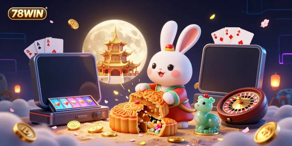 Experience vibrant gaming action at 78WIN with a whimsical 3D rabbit and exciting slot elements.