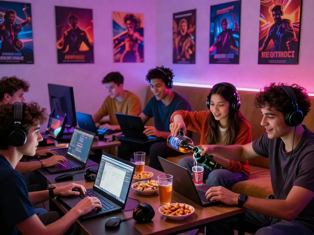 Group of friends enjoying non UK casinos gaming experience in a vibrant lounge.