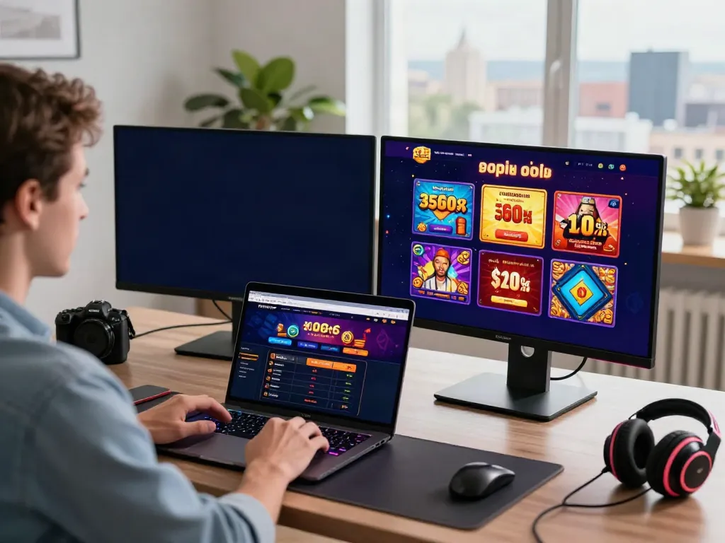 Engaging view of a player enjoying non UK casinos online with vibrant screens and modern gaming accessories.
