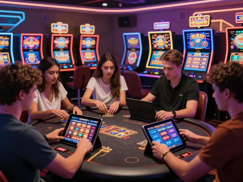 Exciting online casino gaming scene highlighting non UK casinos with friends enjoying digital slots and card games.