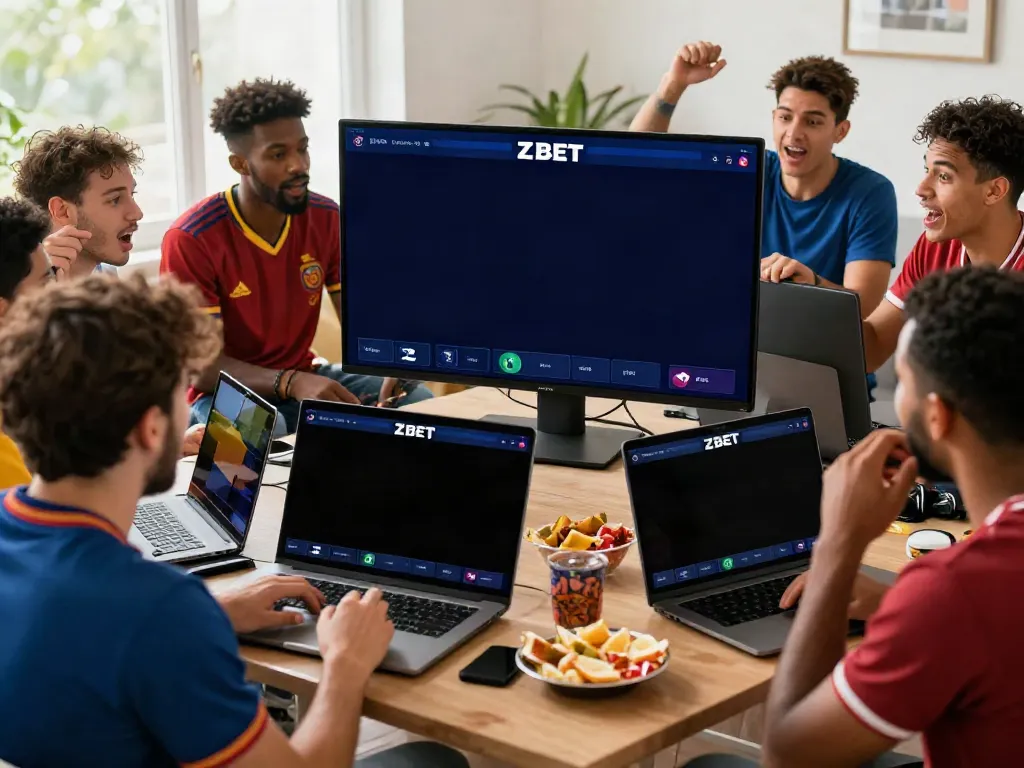 Excited sports fans engaging with the ZBET app during a live betting event at home, showcasing communal thrill.