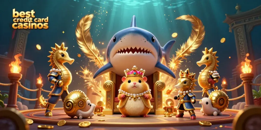 Engaging scene showcasing the best credit card casinos with a fierce hamster king, royal guards, and casino elements.