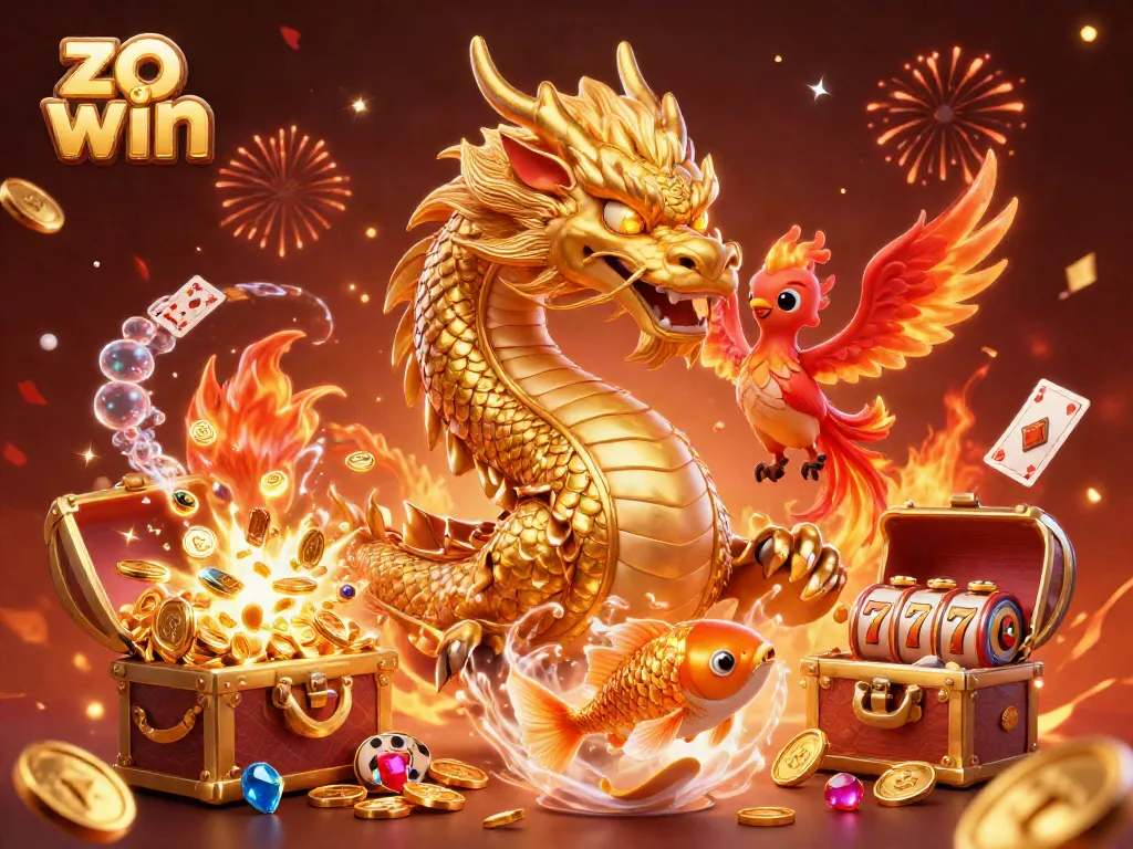 Experience thrilling gameplay in "zo win" with a vibrant scene of a dragon, phoenix, and koi amidst casino elements.