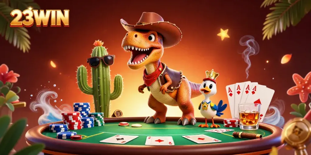 Engage in exciting 23WIN poker action with a cowboy dinosaur and friends amid colorful chips.