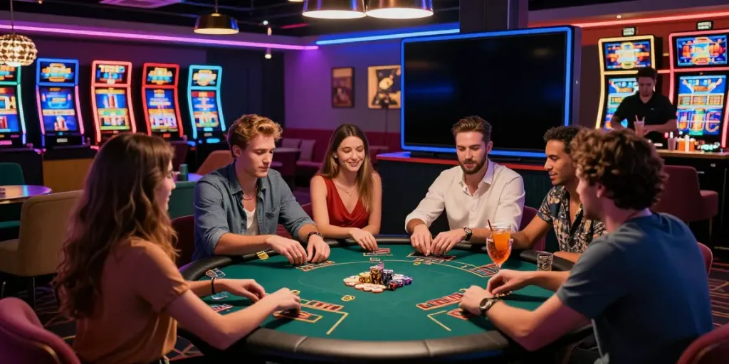 Group enjoying non UK casinos experience with cocktails and gaming activities in a vibrant lounge setting