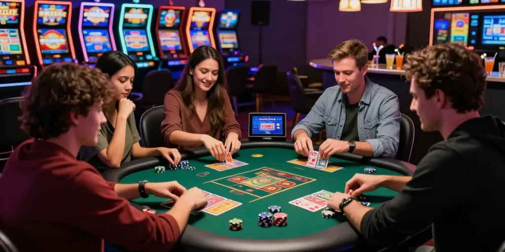Exciting gaming scene at non UK casinos with friends engaging at a colorful table.