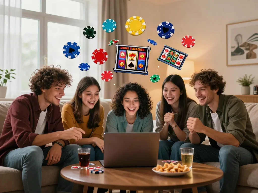 Friends playing games at non UK casinos around a laptop in a cozy living room.