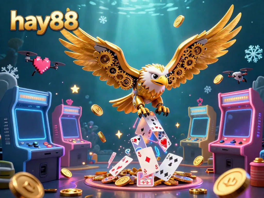 Experience the vibrant casino world of hay88 with a cartoon golden eagle diving through holographic cards.